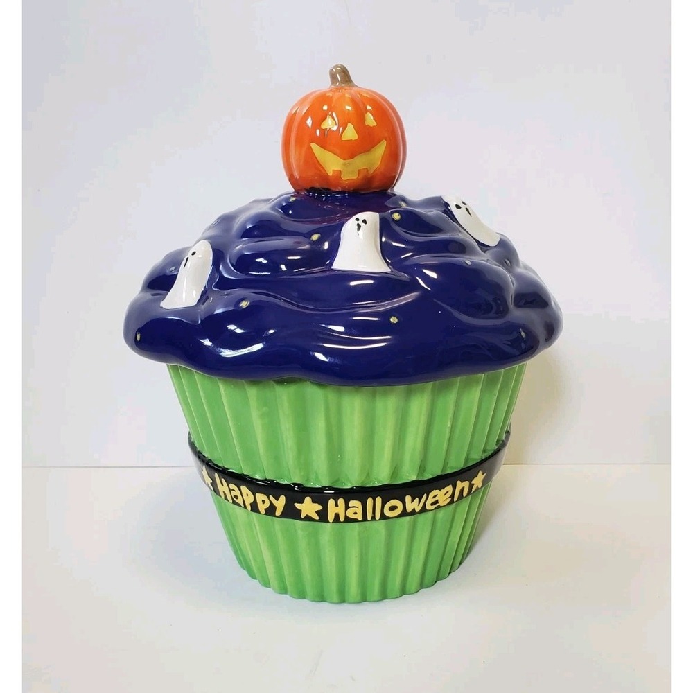 Halloween Cupcake Cookie Jar Canister Ghost Pumpkin Purple Green Candy